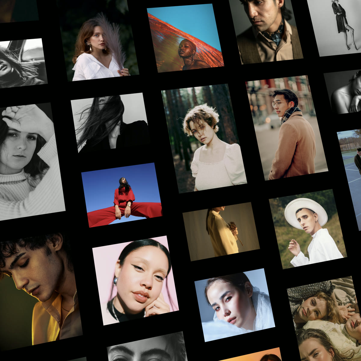 InfiniteWall Gallery showing portraits arranged in a tilted masonry grid on a black background.